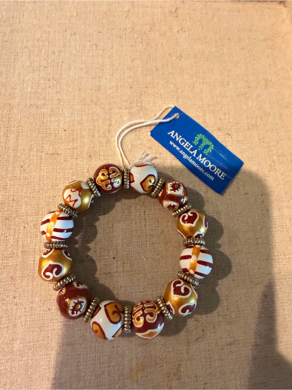 Angela Moore White, Brown & Gold Patterned Glass Bead Bracelet